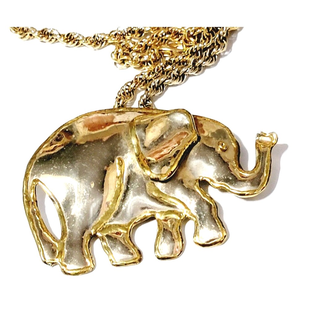 Vintage Large Mixed Metal Elephant Pendant 36" Wheat Chain Signed JS Mexico